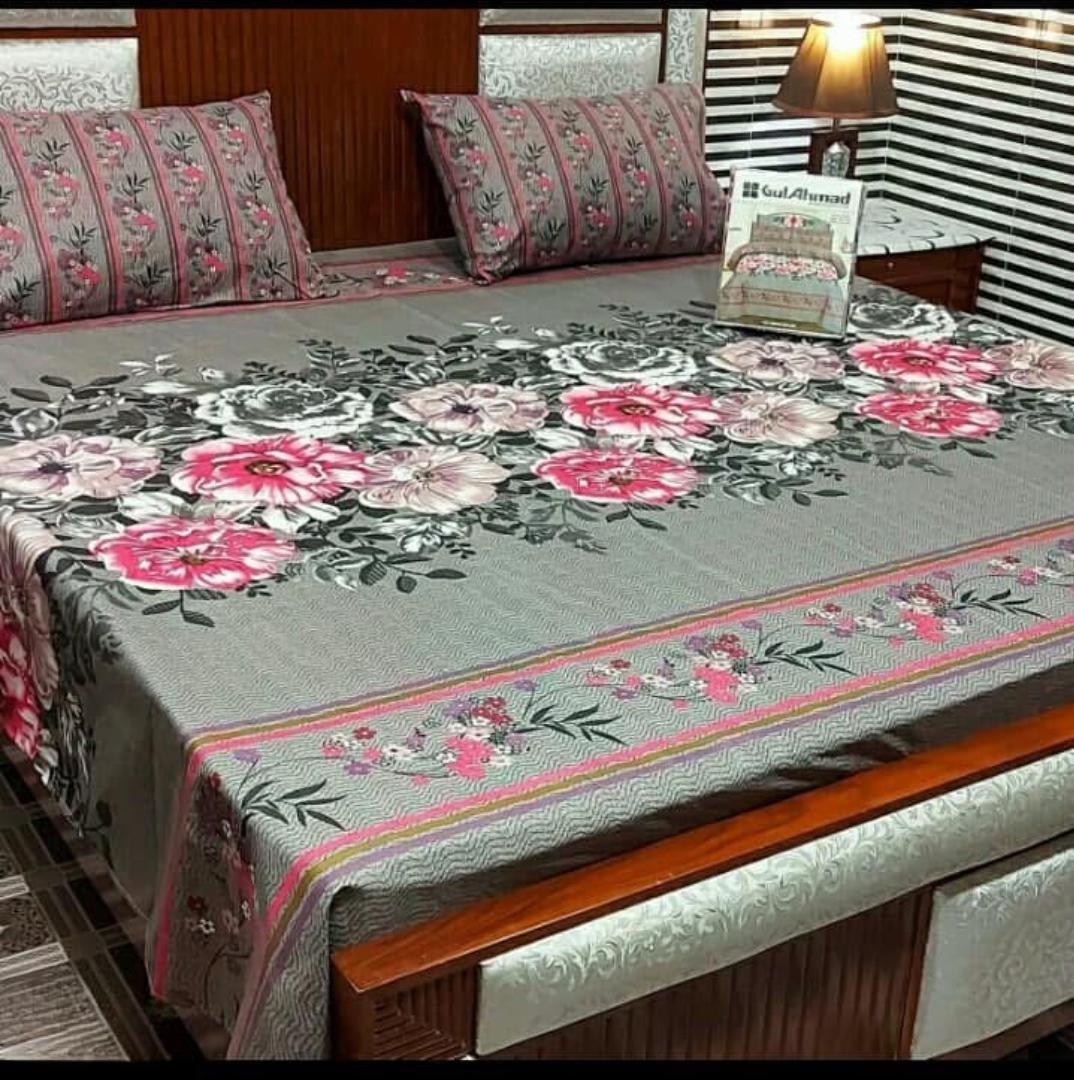 3 Pcs Cotton Salonica Printed Double Bedsheet