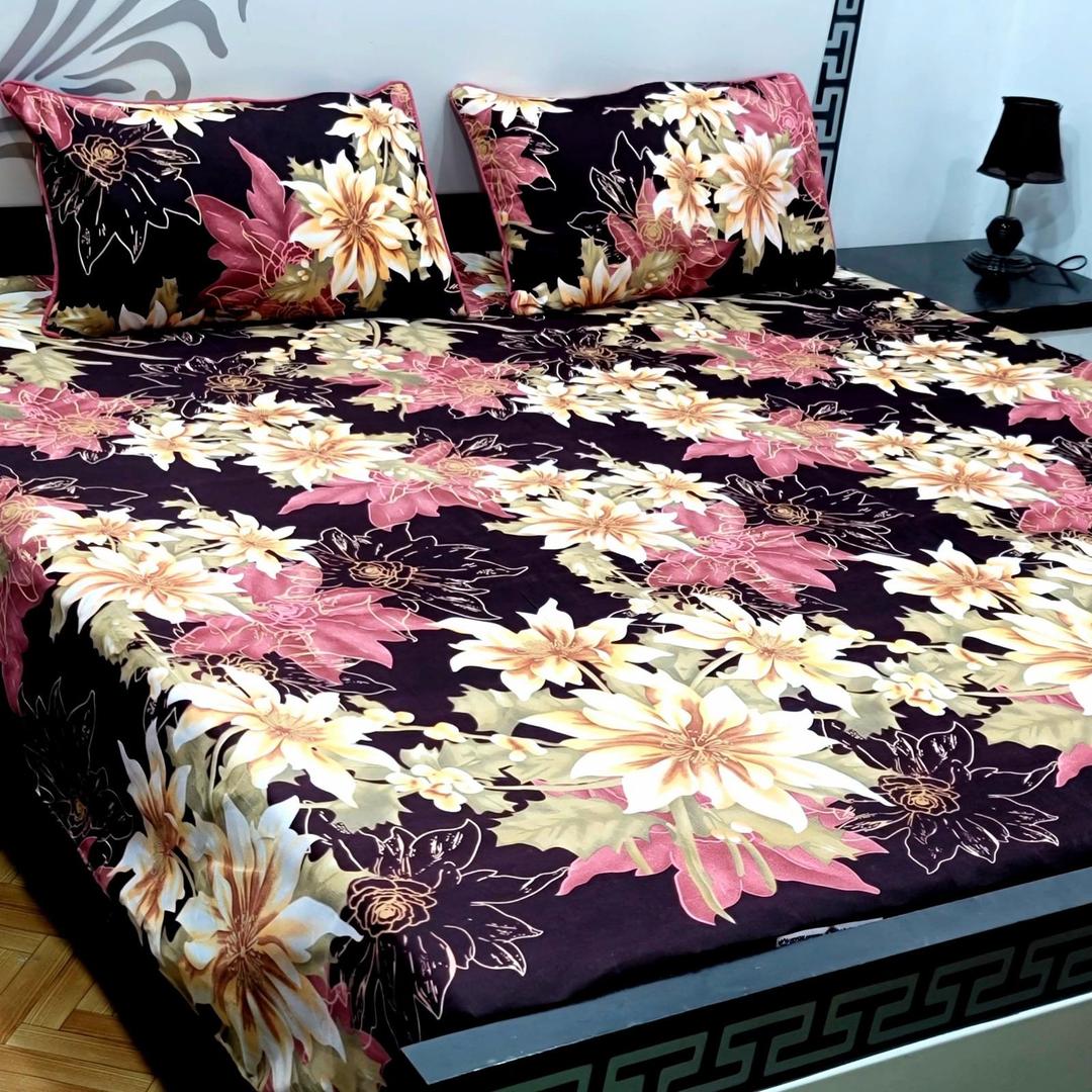 3 Pcs Crystal Cotton Printed Double Bedsheet