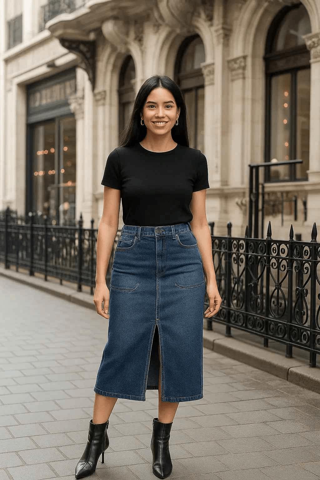 Blue Denim Midi Skirt with Front Slit for Women EW-000103