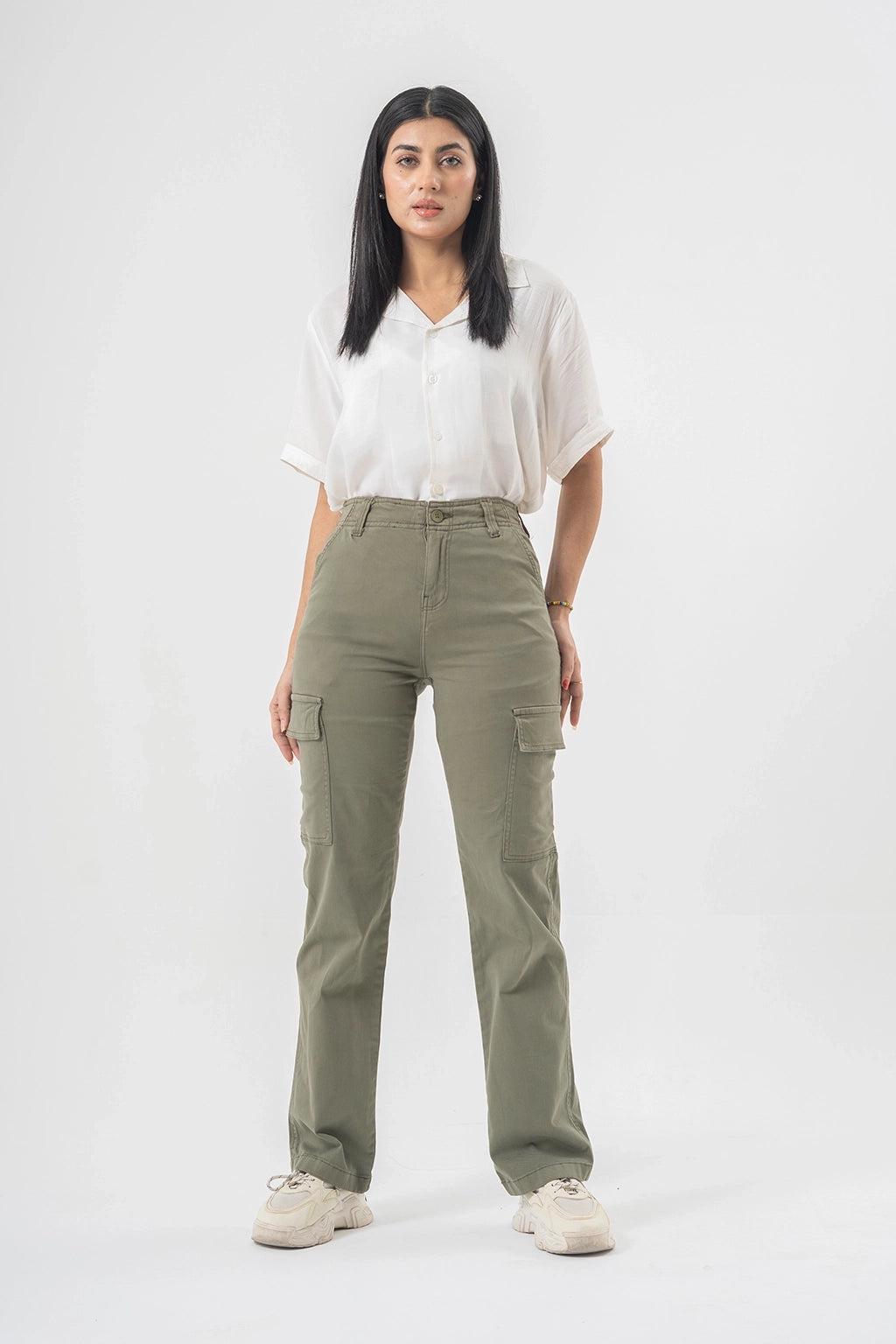 High Waist Cargo Pants in Olive Green with Side Flap Pockets - Straight Fit Style EW-000760