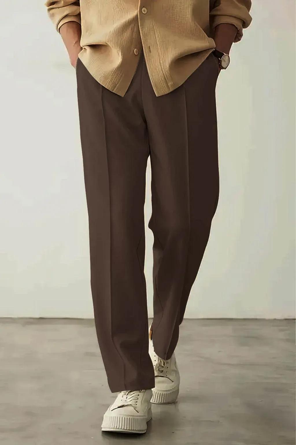 Pleated Straight-Fit Trousers - Dark Brown EW-000235-5-XS-1