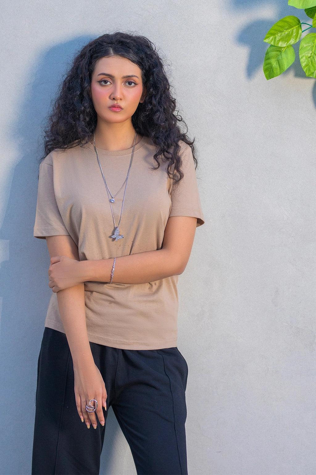 Khaki Beige Crew Neck T-Shirt – Women's Everyday Neutral Tee EW-001147