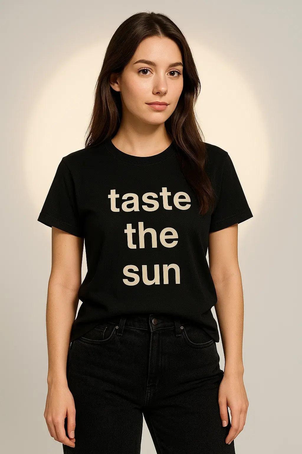Taste the Sun" Graphic Tee – Women's Black Cotton Statement T-Shirt EW-001163