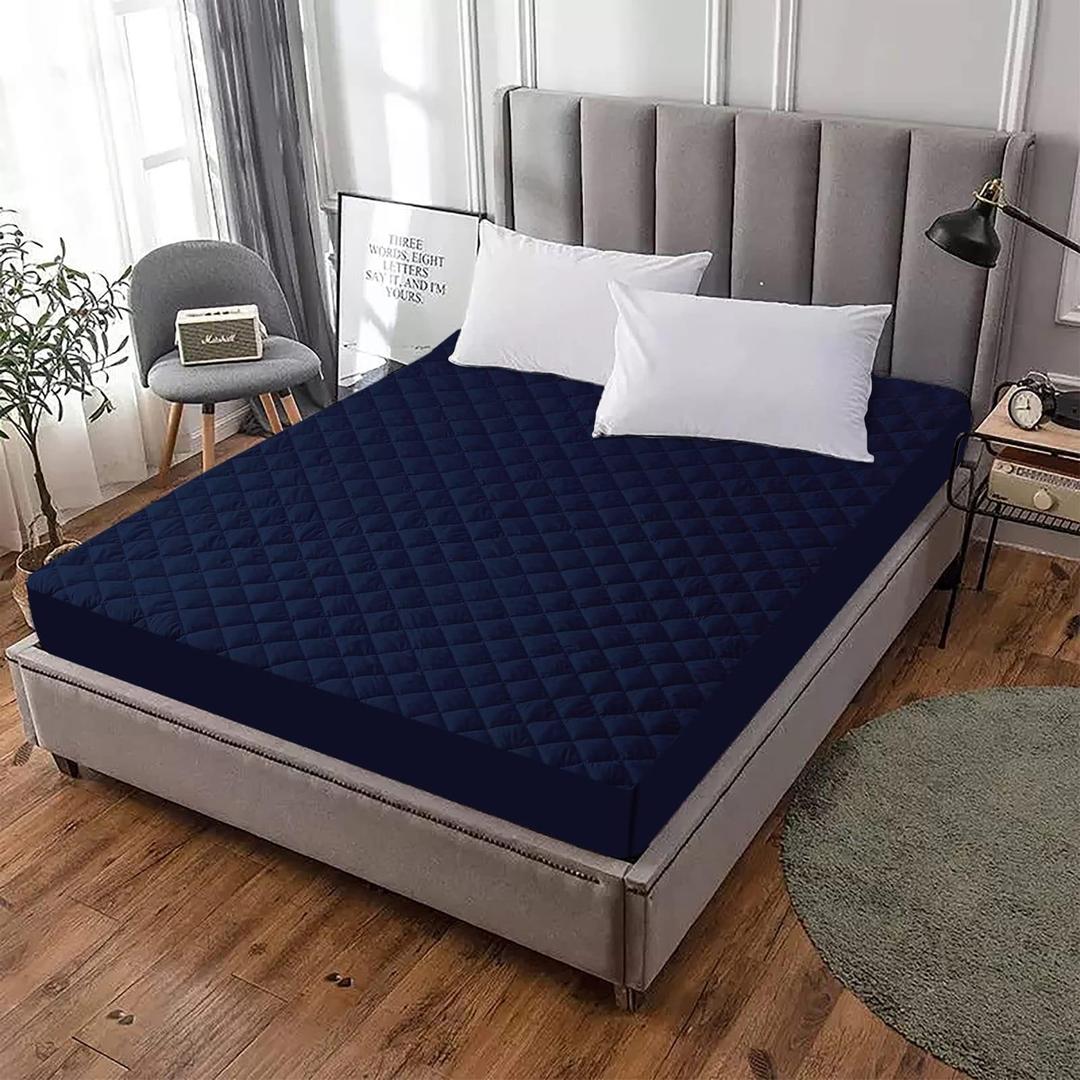 Blue Quilted Waterproof Double Bed Mattress Cover