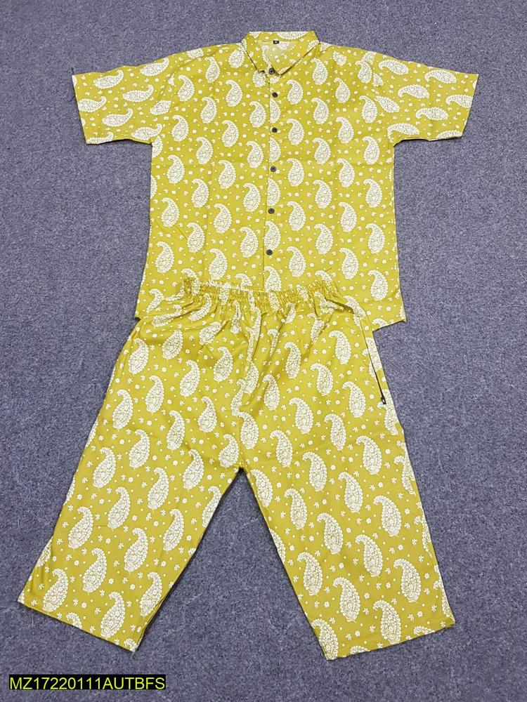 Men Cotton Paisley Star Co-ord Set Yellow Medium to XL
