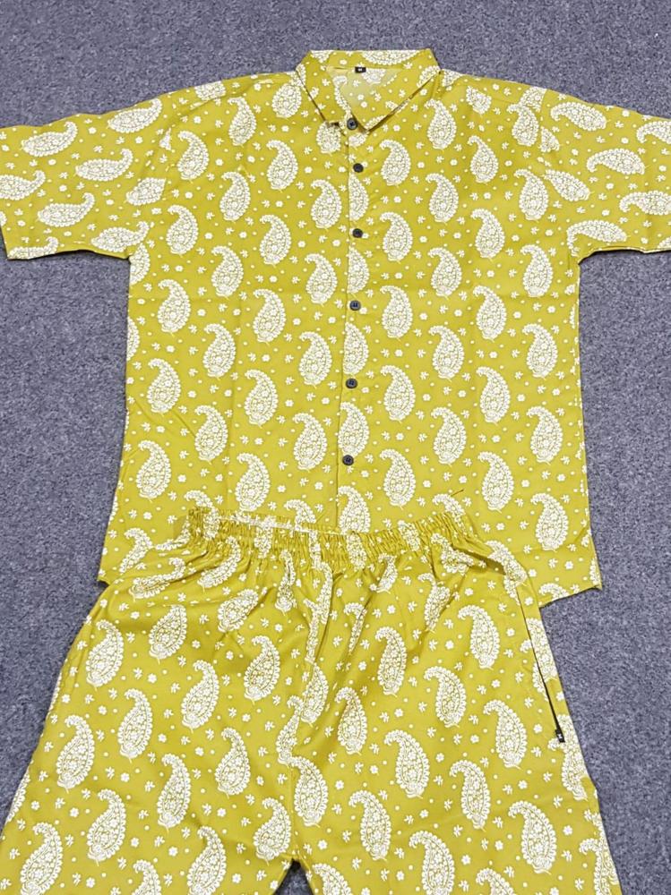 Men Cotton Paisley Star Co-ord Set Yellow Medium to XL