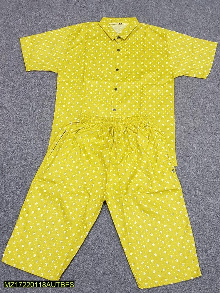Men Cotton Printed Co-ord Set Yellow White Pattern
