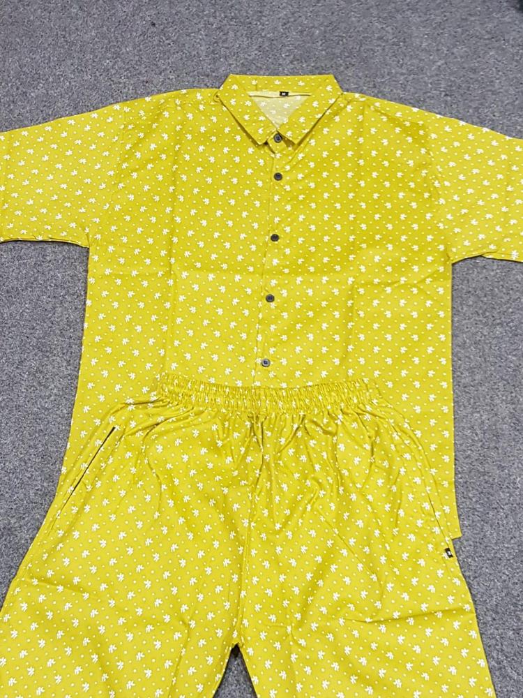 Men Cotton Printed Co-ord Set Yellow White Pattern