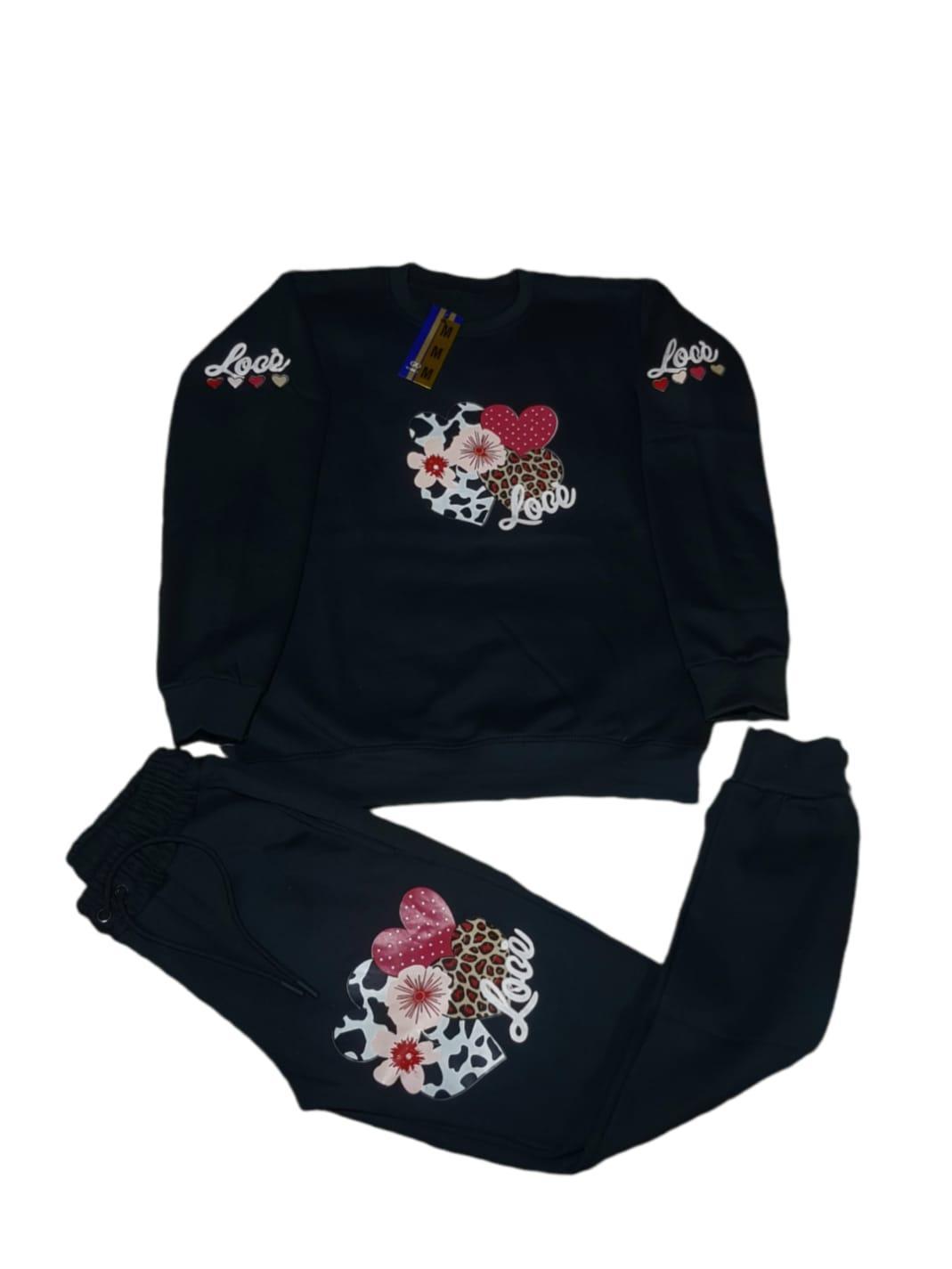Men Cotton Printed Track Suit Black 2Pcs Winter