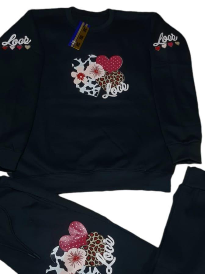 Men Cotton Printed Track Suit Black 2Pcs Winter