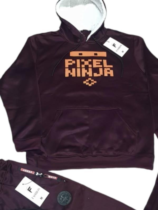 Men Fleece Hoodie Track Suit Maroon Pixel Ninja Medium to XL