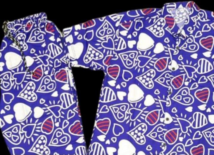 Men Cotton Heart Print Co-ord Set Blue Medium to XL