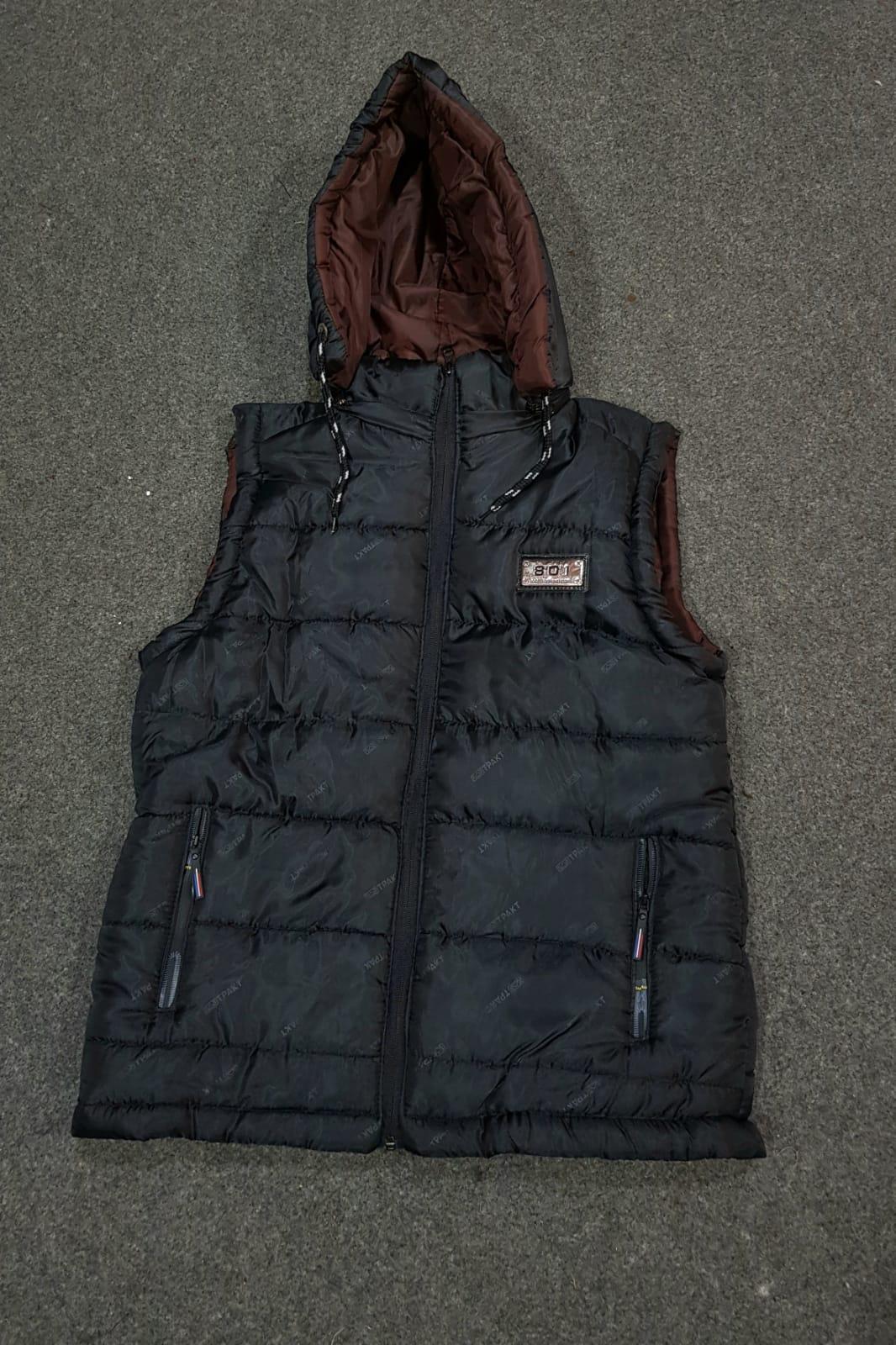 Black Sleeveless Puffer Jacket with Hood for Men