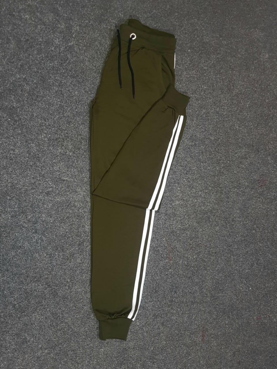 Men Green Cotton Track Pants with White Stripes Small