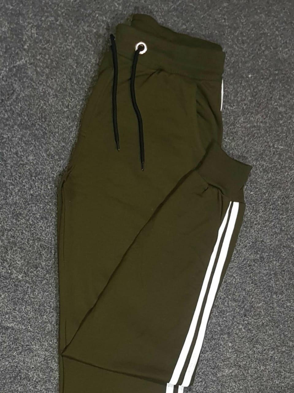 Men Green Cotton Track Pants with White Stripes Small