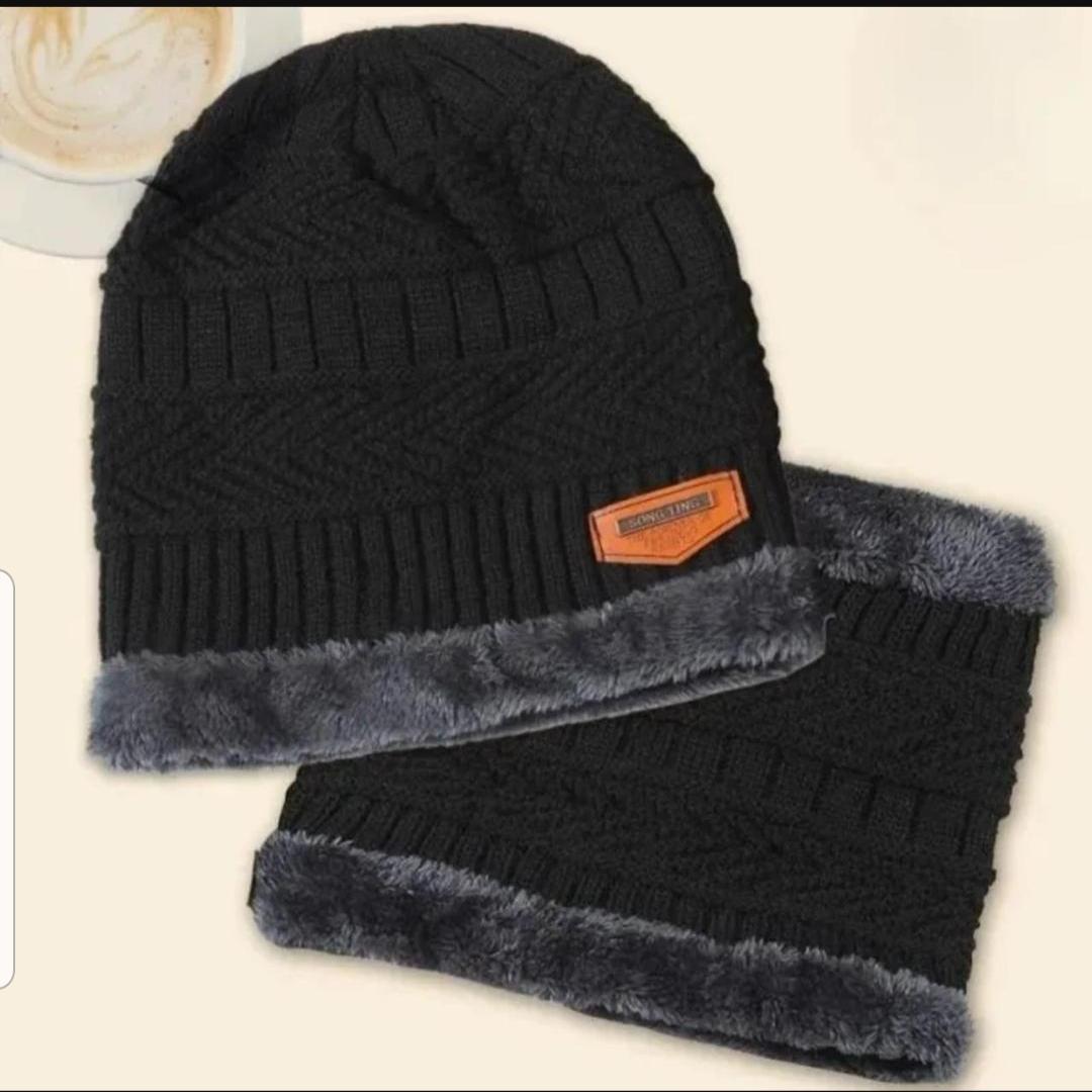 Black Wool Beanie & Neck Warmer Set for Men Women