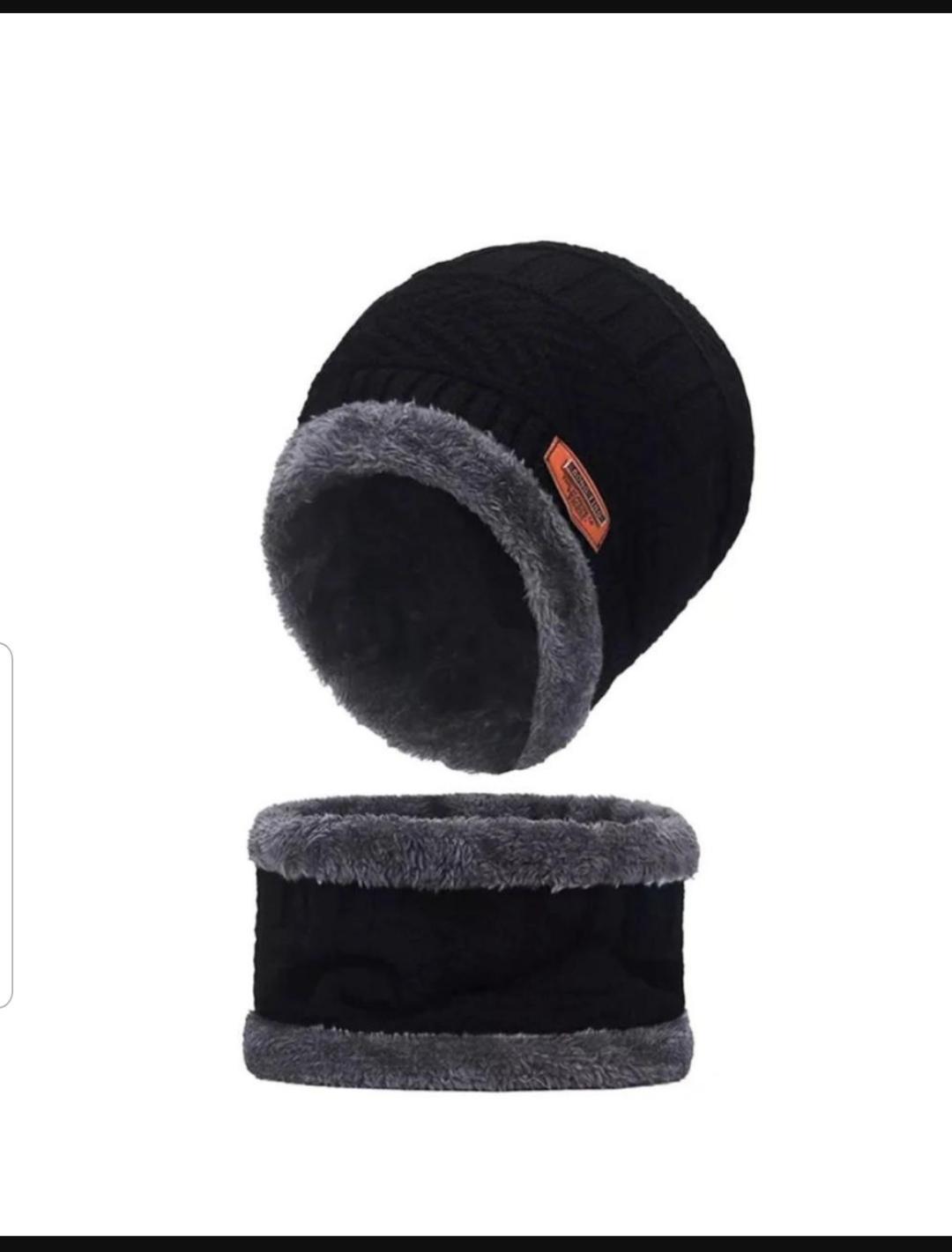 Black Wool Beanie & Neck Warmer Set for Men Women