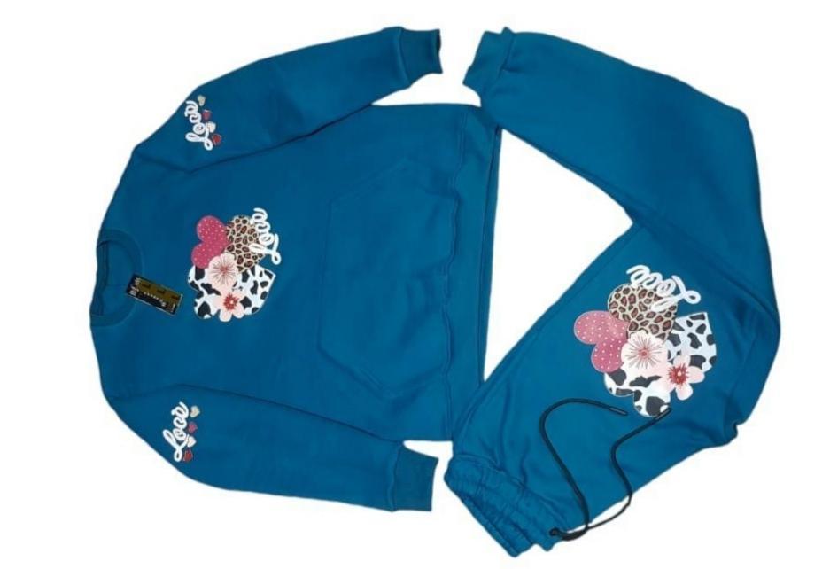 Girls Blue Printed Fleece Tracksuit 2 Pcs Set