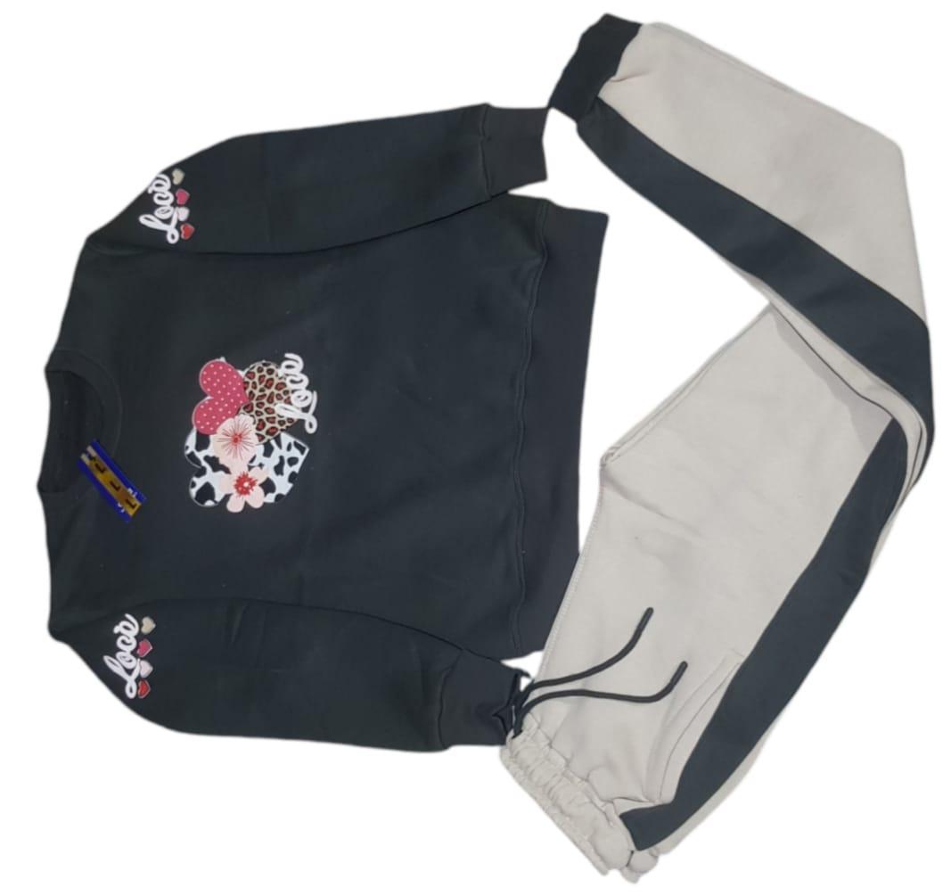Girls Printed Fleece Tracksuit Black 2Pcs Casual Wear