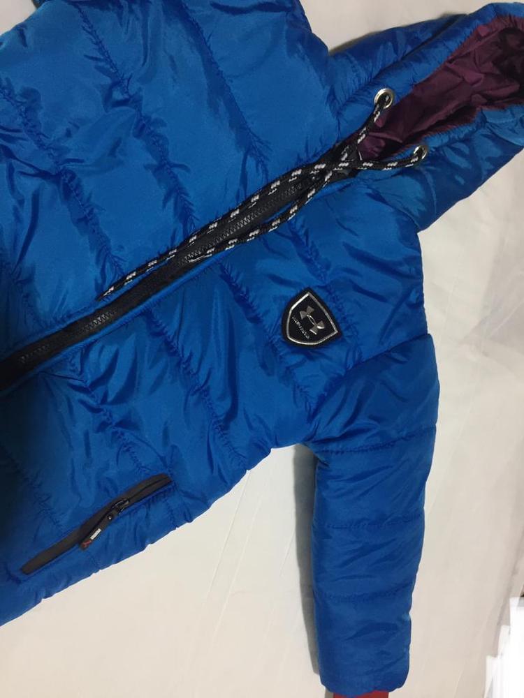 Boy's Blue Puffer Jacket with Red Black Cuffs & Chain