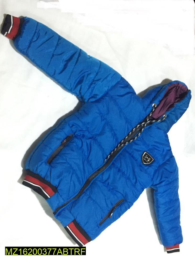 Boy's Blue Puffer Jacket with Red Black Cuffs & Chain