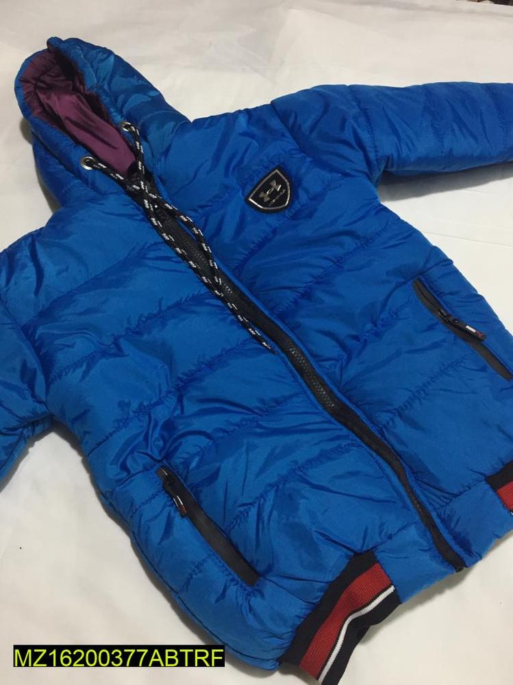 Boy's Blue Puffer Jacket with Red Black Cuffs & Chain