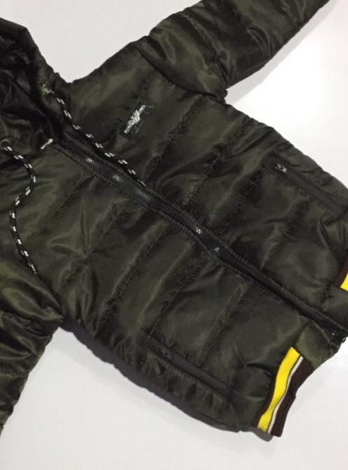 Boy's Olive Green Puffer Jacket with Yellow Stripes
