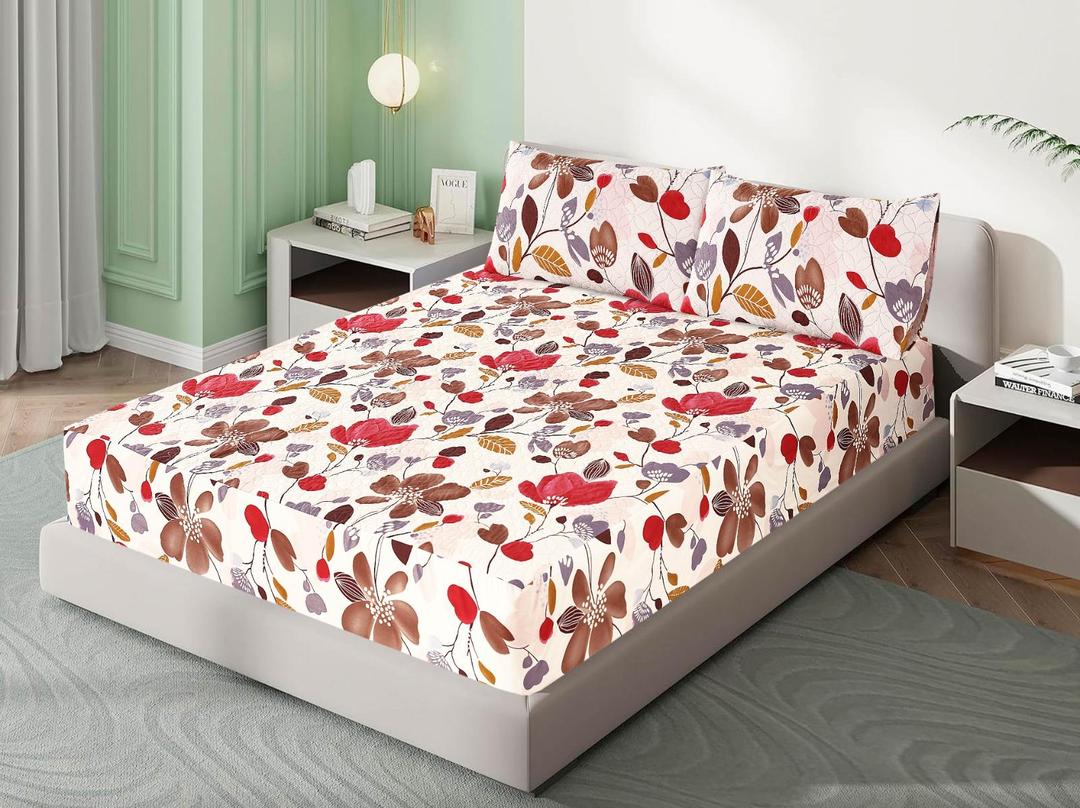 Double Bed Sheet Set Cotton Floral Red Brown Purple