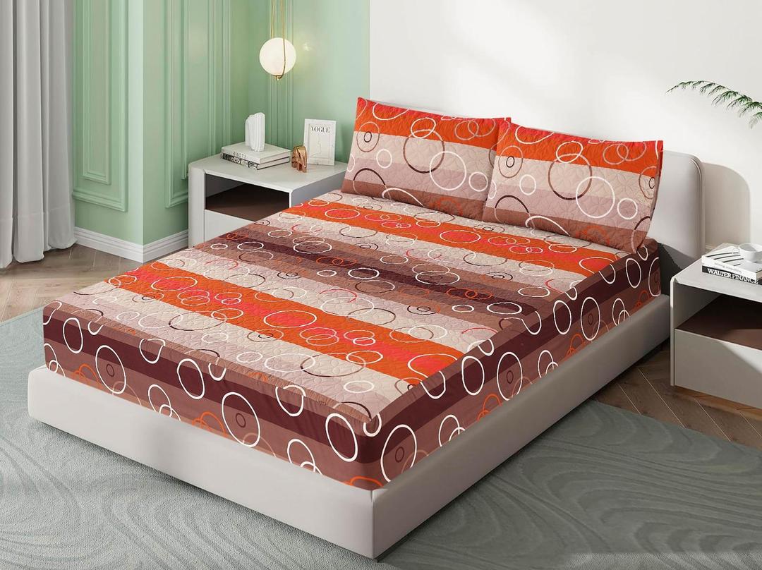 Double Bedsheet Set Cotton Printed Orange Brown Circle Pattern