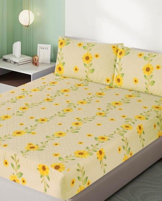 Double Bed Sheet Set Sunflower Print Cotton Yellow