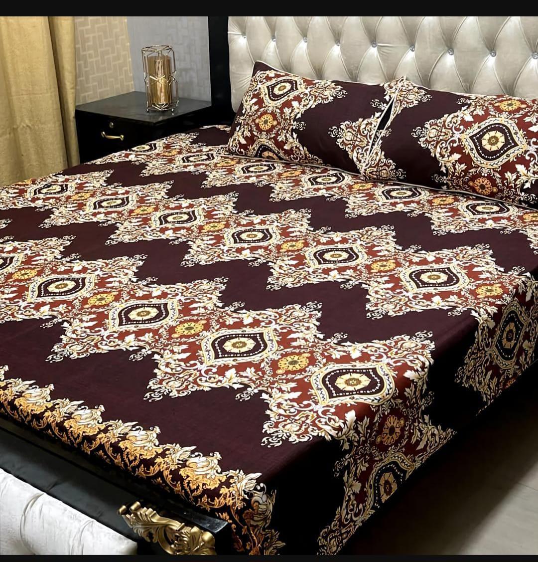 Stylish Printed Double Bedsheet Set - 3 Pcs - Soft Crystal Cotton in Brown