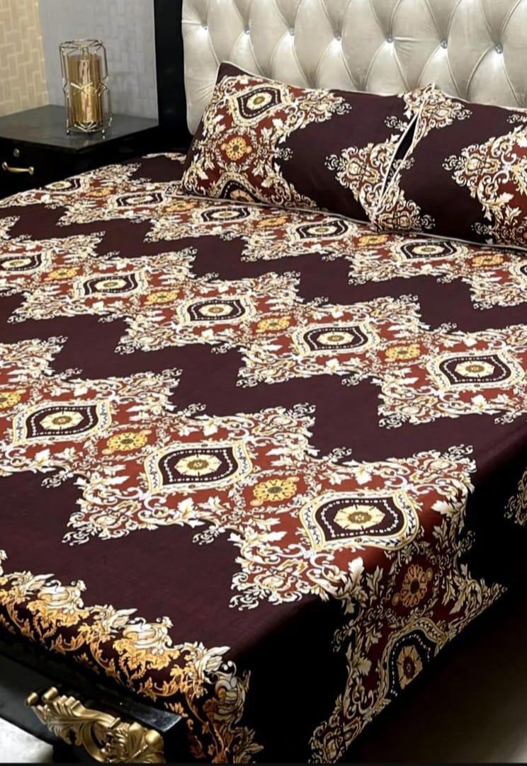 Double Bed Printed Bedsheet Set Brown Crystal Cotton 3Pc