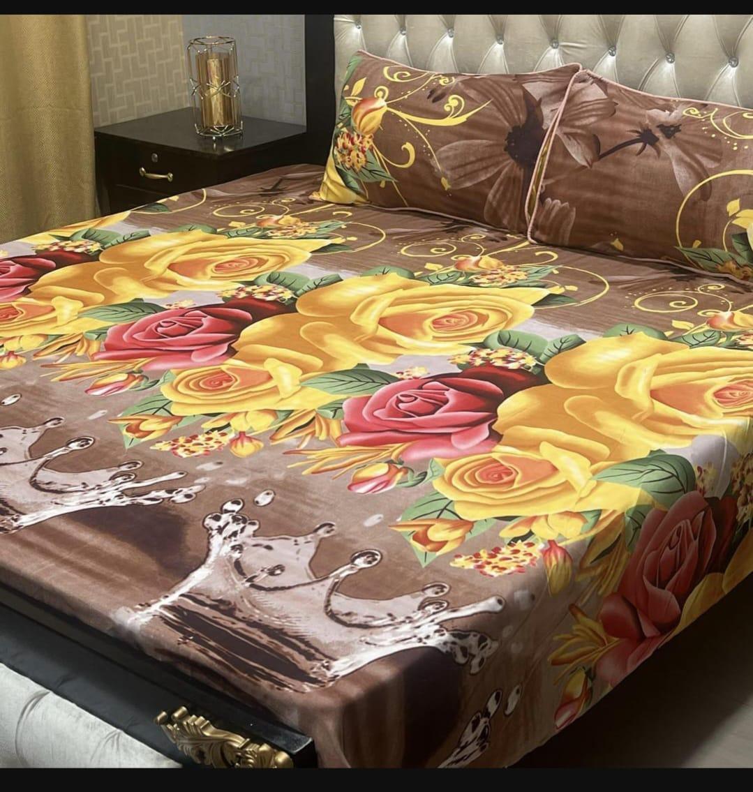 Stylish Printed Double Bedsheet Set - 3 Pcs - Soft Crystal Cotton in Brown