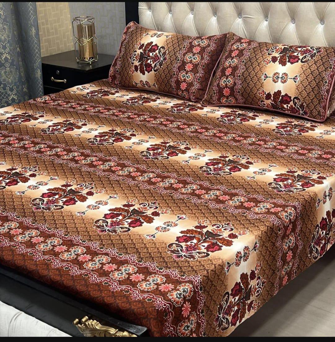 Stylish Printed Double Bedsheet Set - 3 Pcs - Soft Crystal Cotton in Brown