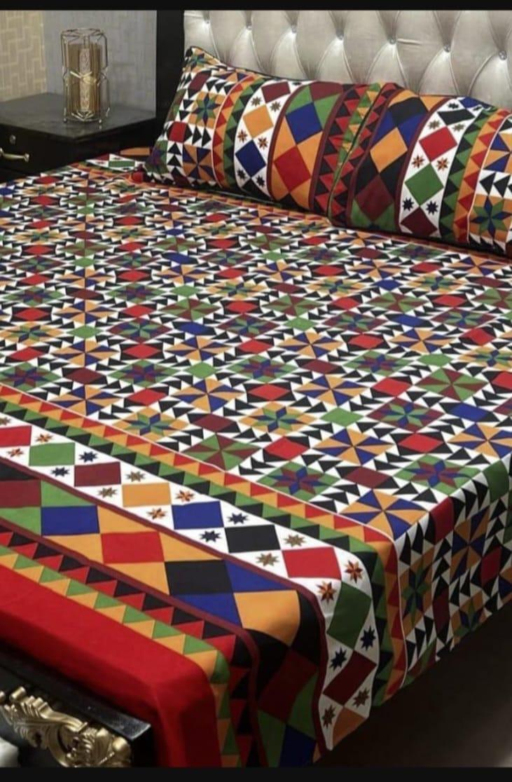 Crystal Cotton Printed Double Bedsheet Set Multicolor