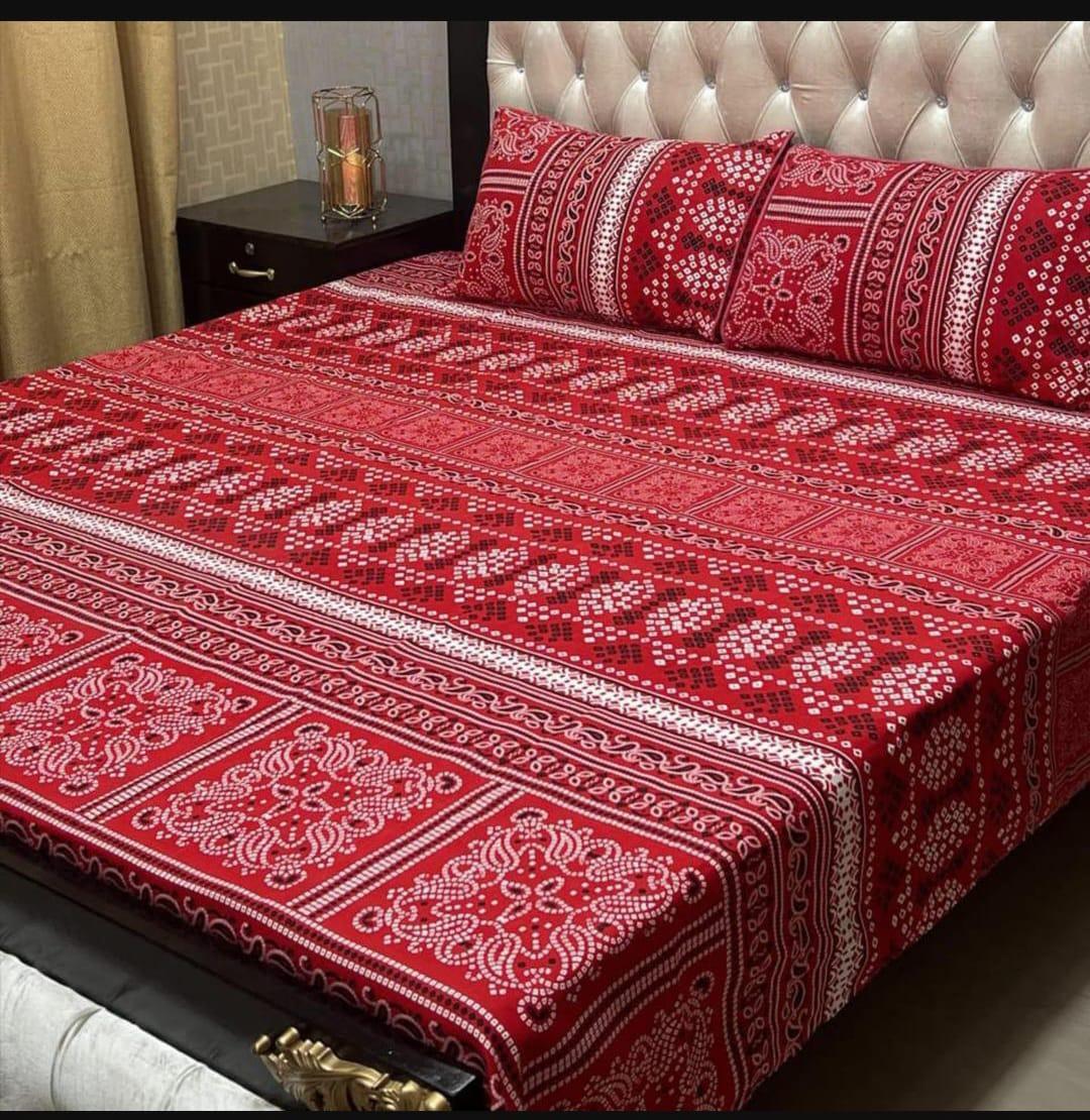 Cozy Crystal Cotton Double Bed Sheet Set - 3 Pcs in Beautiful Pink Printed Design