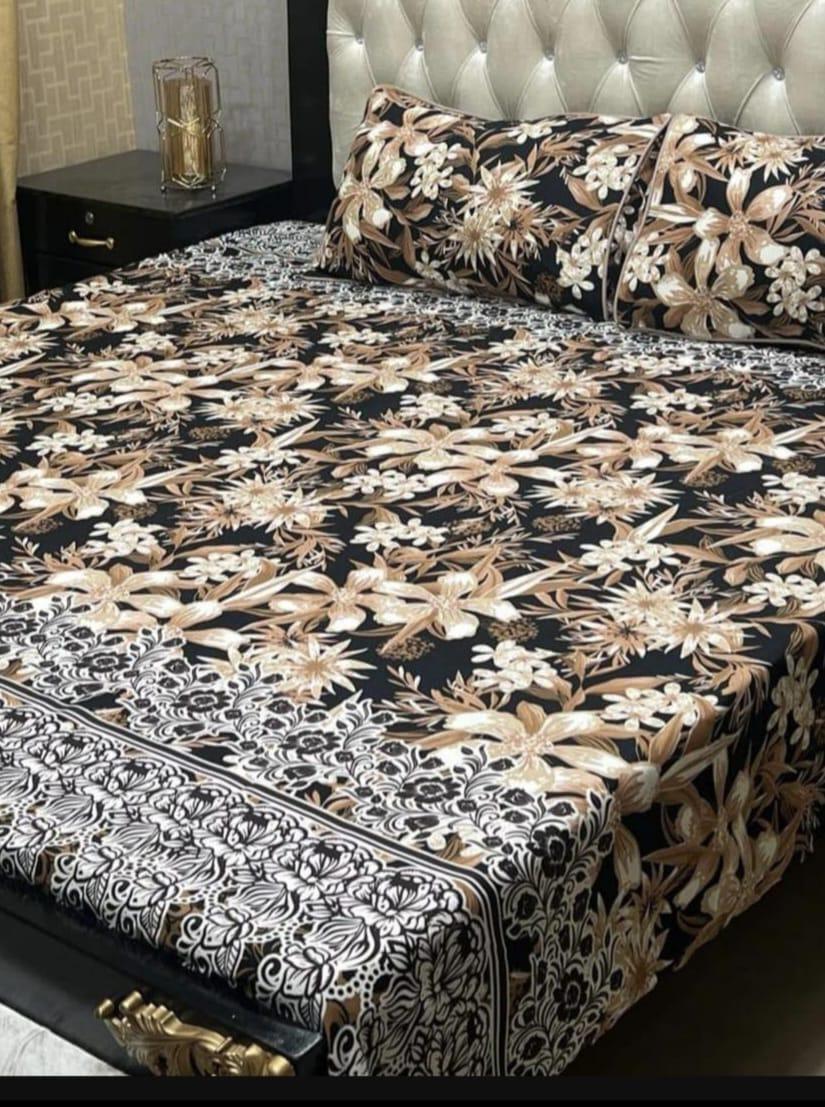 Stylish Printed Crystal Cotton Double Bedsheet Set - 3 Pcs