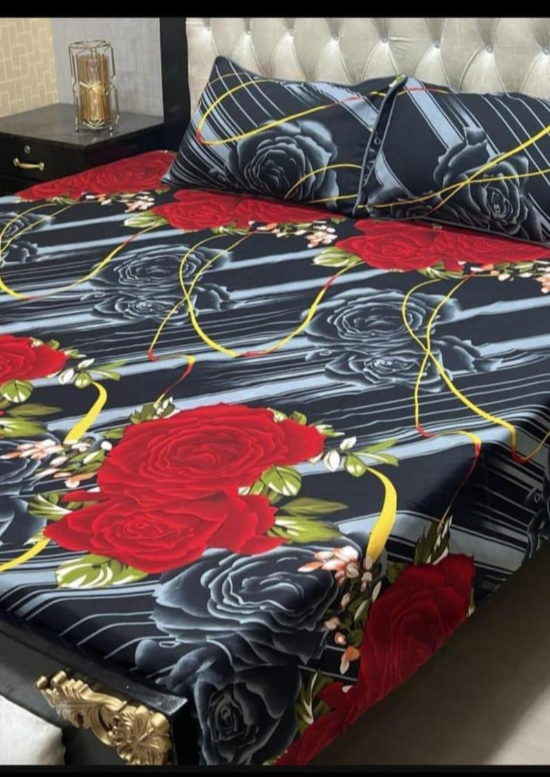 Crystal Cotton Printed Bedsheet Set Double Bed Red Rose Design