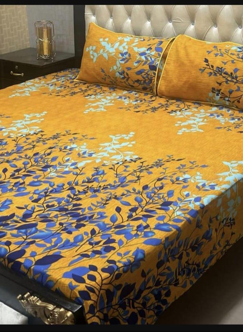 Crystal Cotton Double Bedsheet Set Mustard Floral Print
