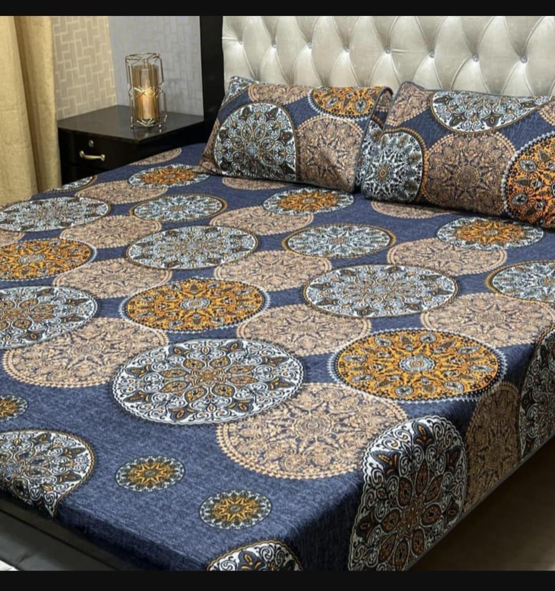 Stunning Multicolor Printed Double Bedsheet Set - 3 Pcs Crystal Cotton