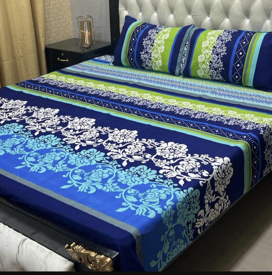 Double Bedsheet Set Crystal Cotton Blue Green Floral Print