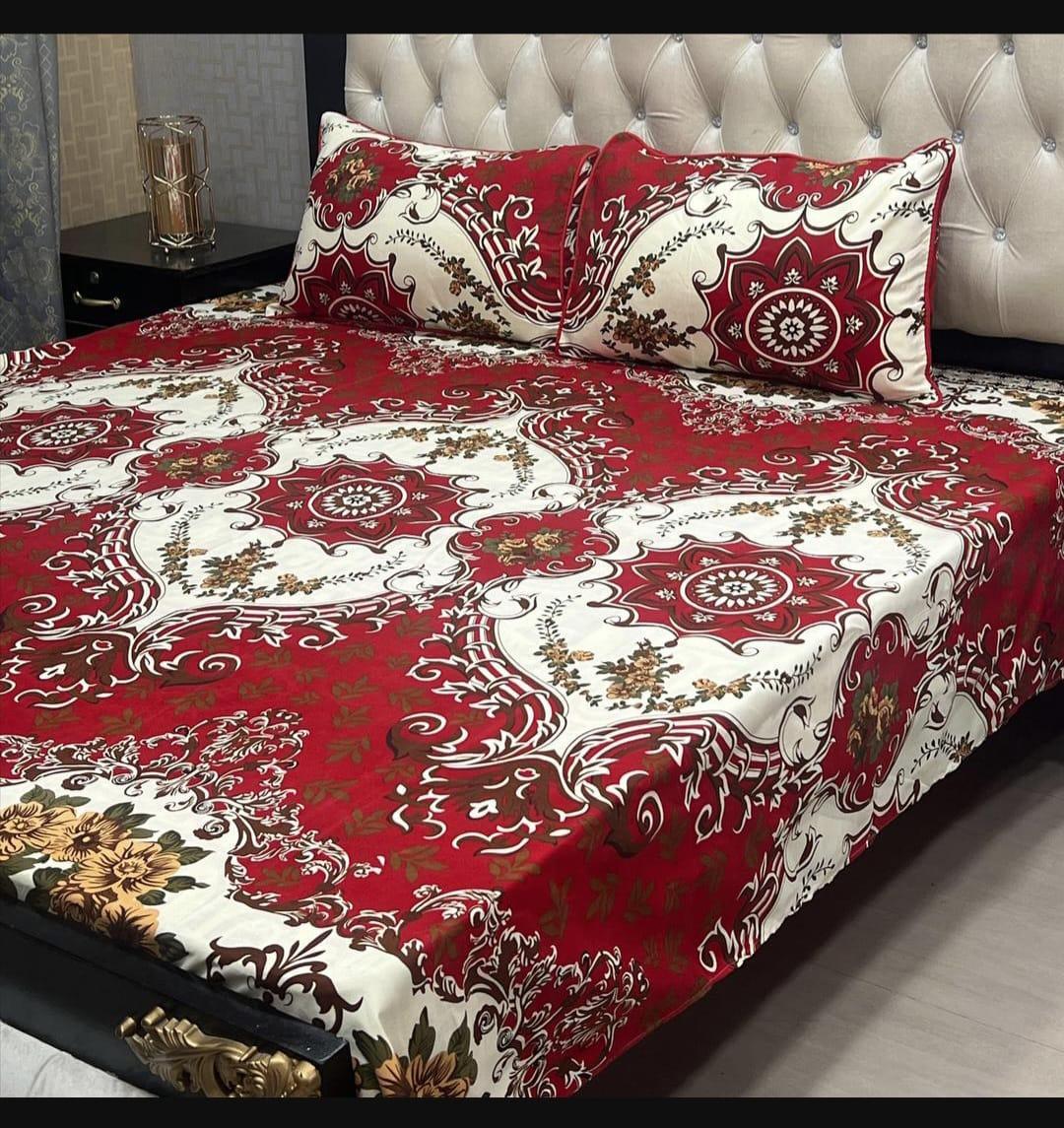 Double Bed Sheet Set Red White Brown Crystal Cotton 3 Pcs