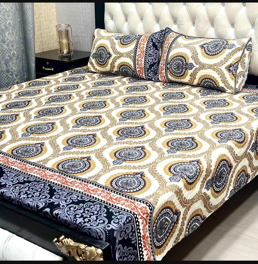 Luxurious Printed Double Bedsheet Set - 3 Pcs in Soft Crystal Cotton, Off White