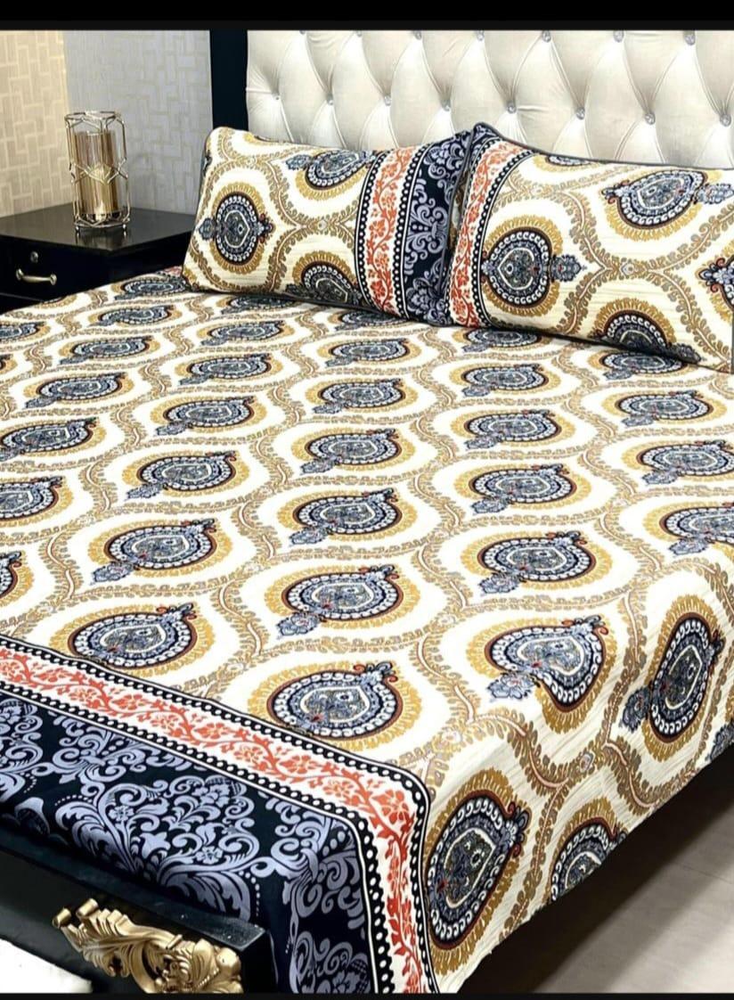 Premium Printed Double Bedsheet Set Crystal Cotton Off-White