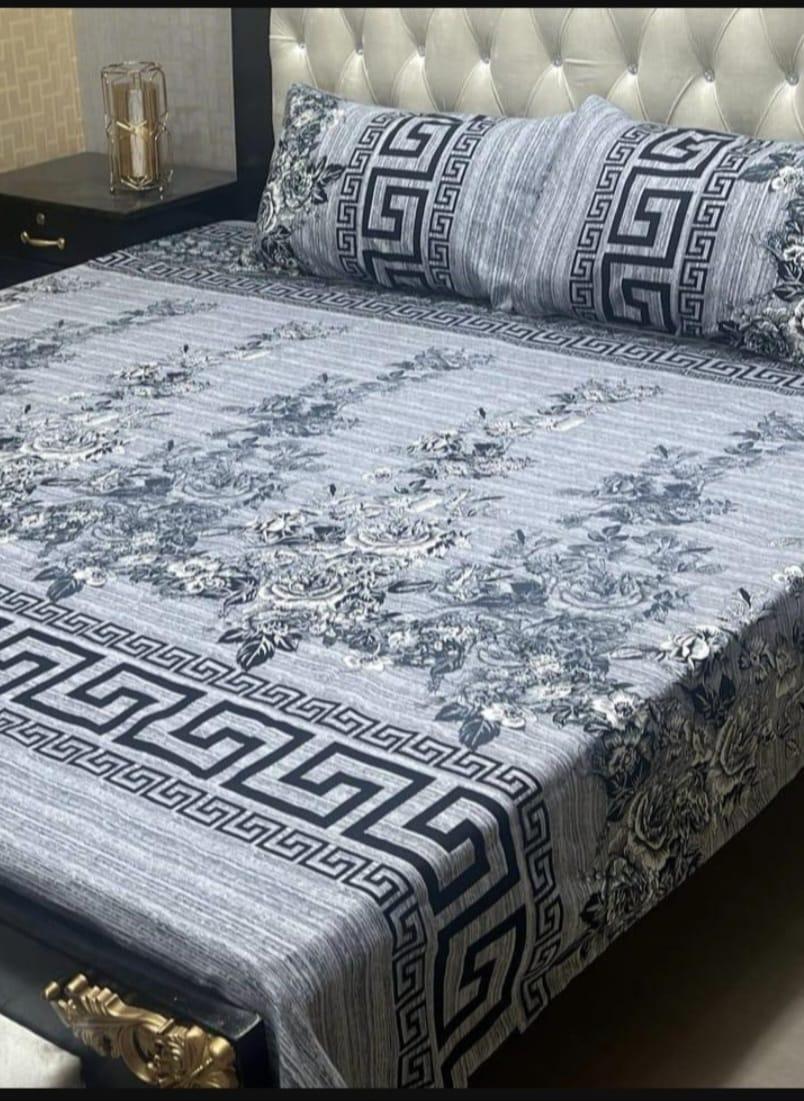 Grey Printed Crystal Cotton Double Bedsheet Set with Pillow Covers