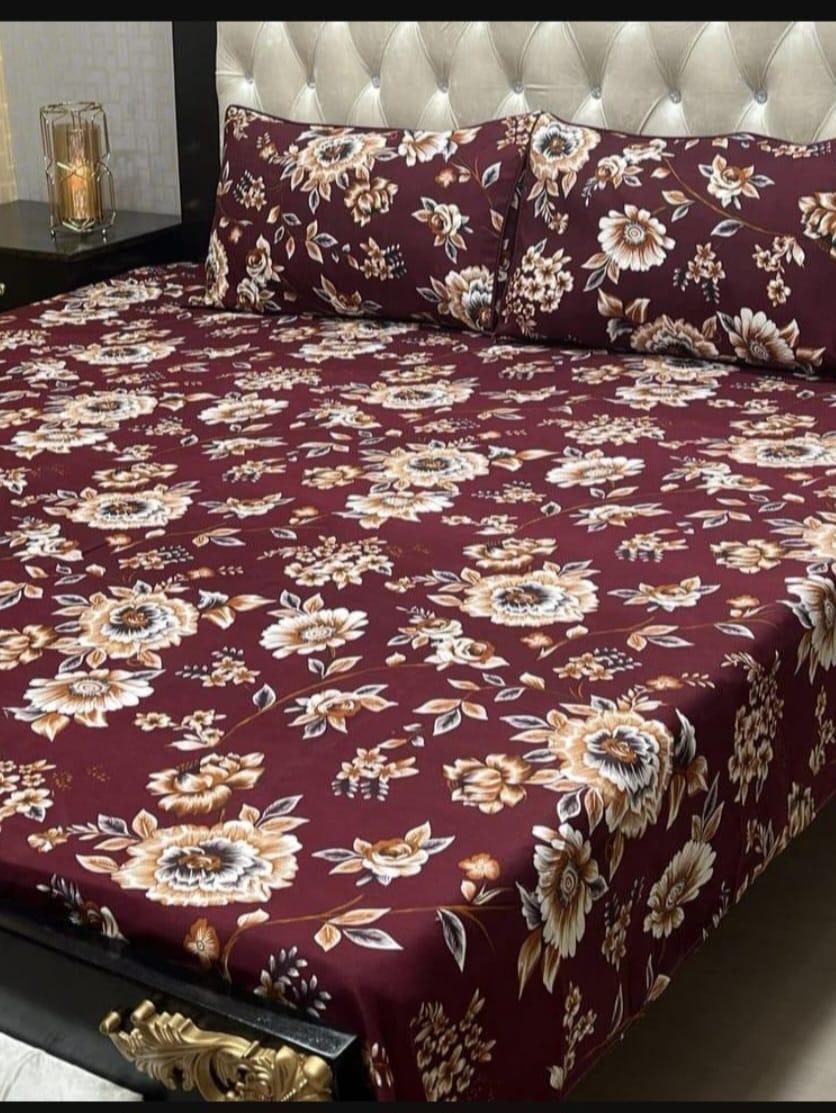 Luxury Printed Crystal Cotton Double Bedsheet Set - 3 Pcs in Maroon