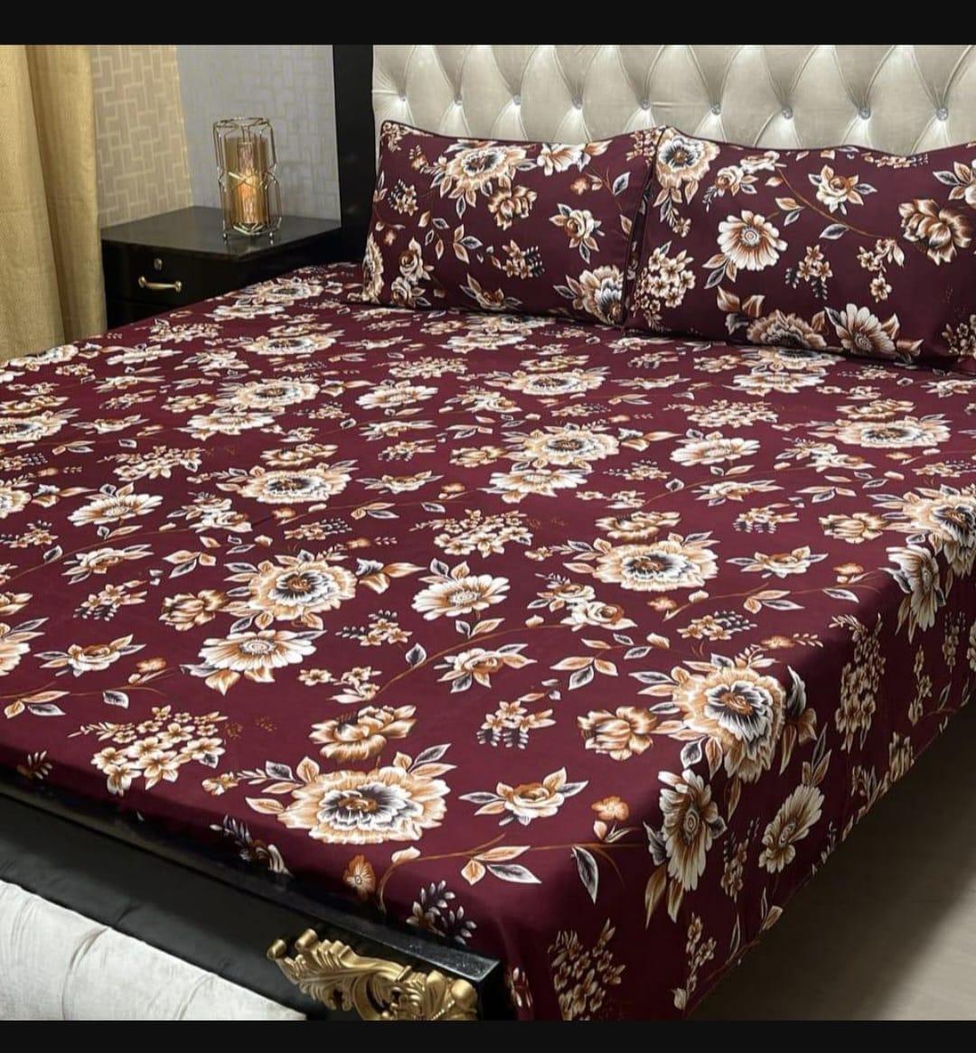 Maroon Floral Crystal Cotton Double Bedsheet Set