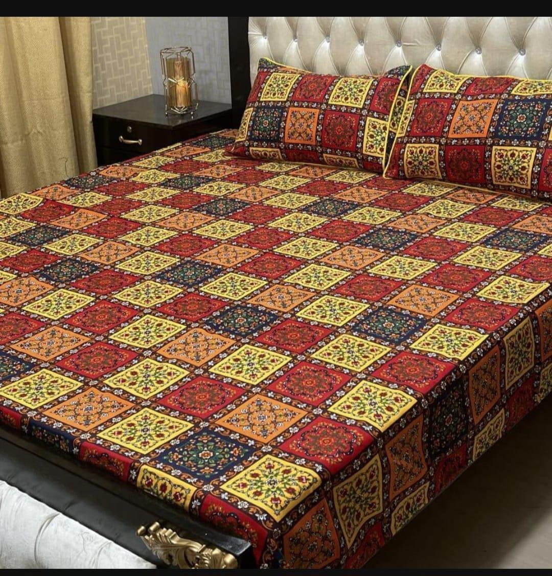 Luxurious 3 Pcs Double Bedsheet Set in Printed Crystal Cotton - Vibrant Multicolor Design