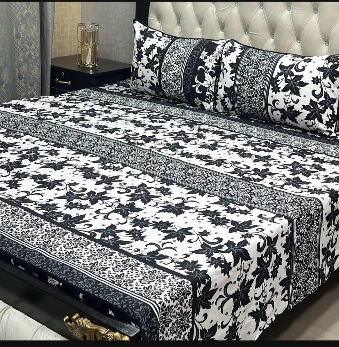 Double Bedsheet Set Crystal Cotton Black White Floral 3-Piece