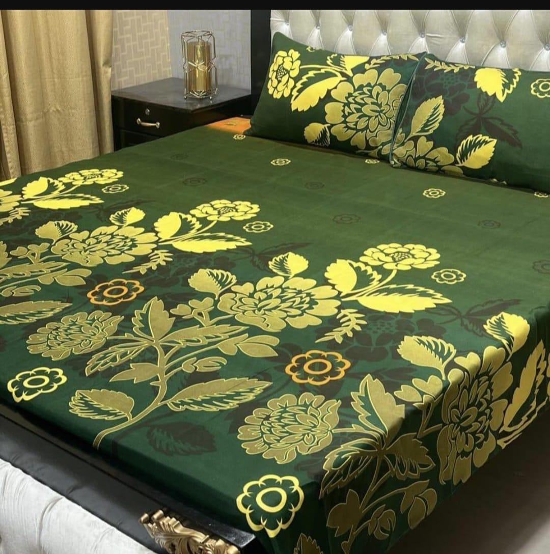 Green Printed Double Bedsheet Set - 3 Pcs - Crystal Cotton Comfort
